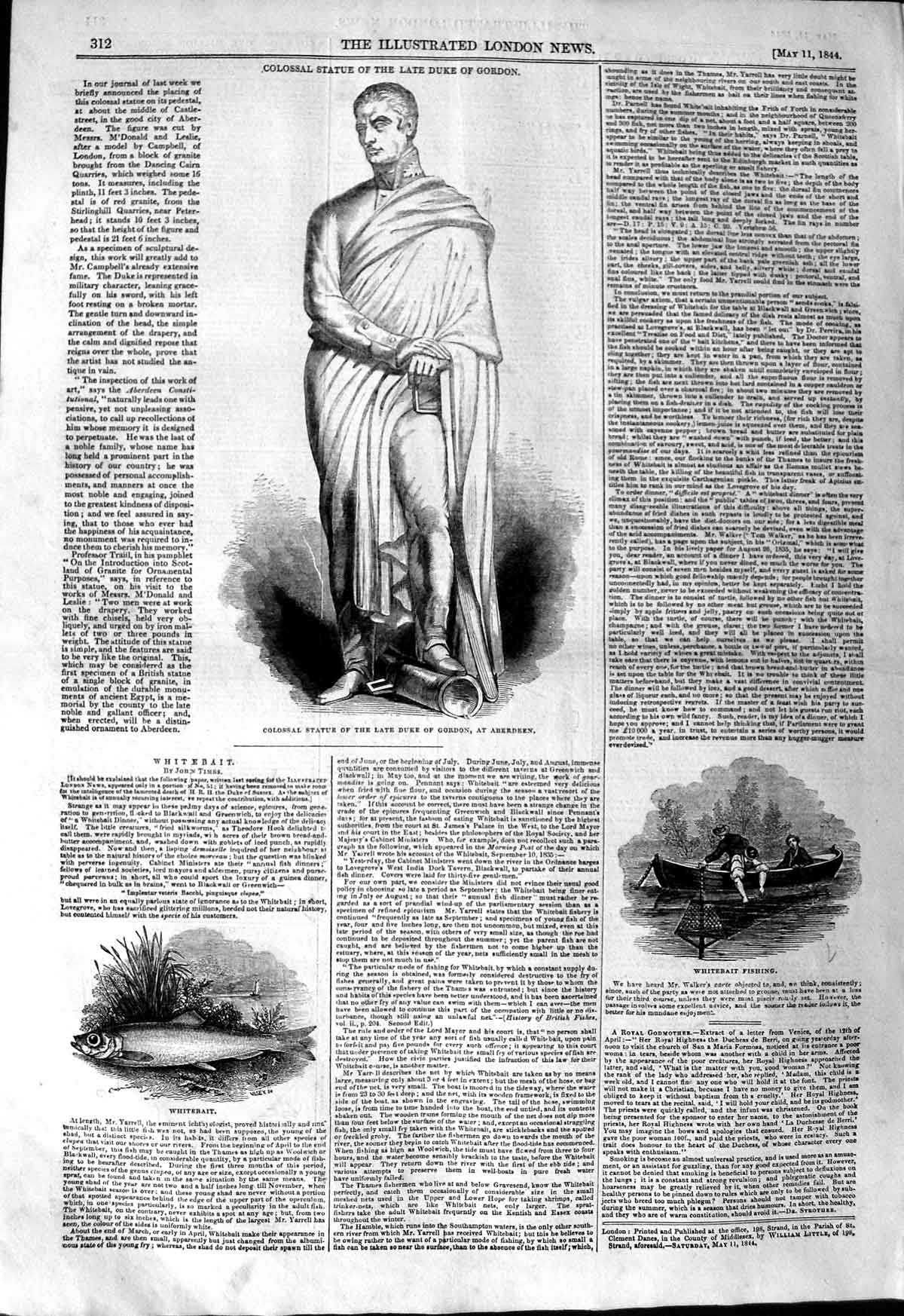 Old Antique Print 1844 Statue Duke Gordon Aberdeen Whitebait Fishing Boat 19th