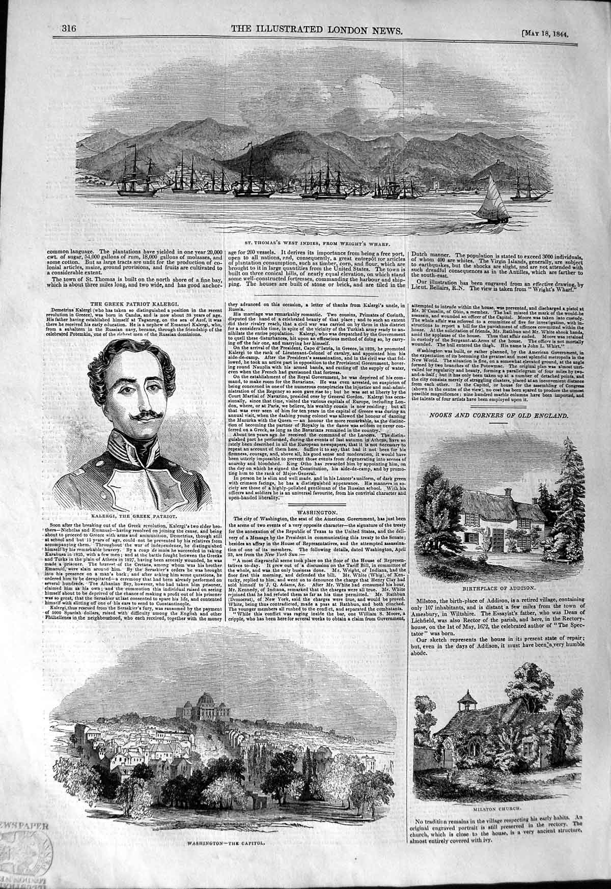 Old Antique Print 1844 Washington Church Addison Kalergi St. Thomas Ships 19th