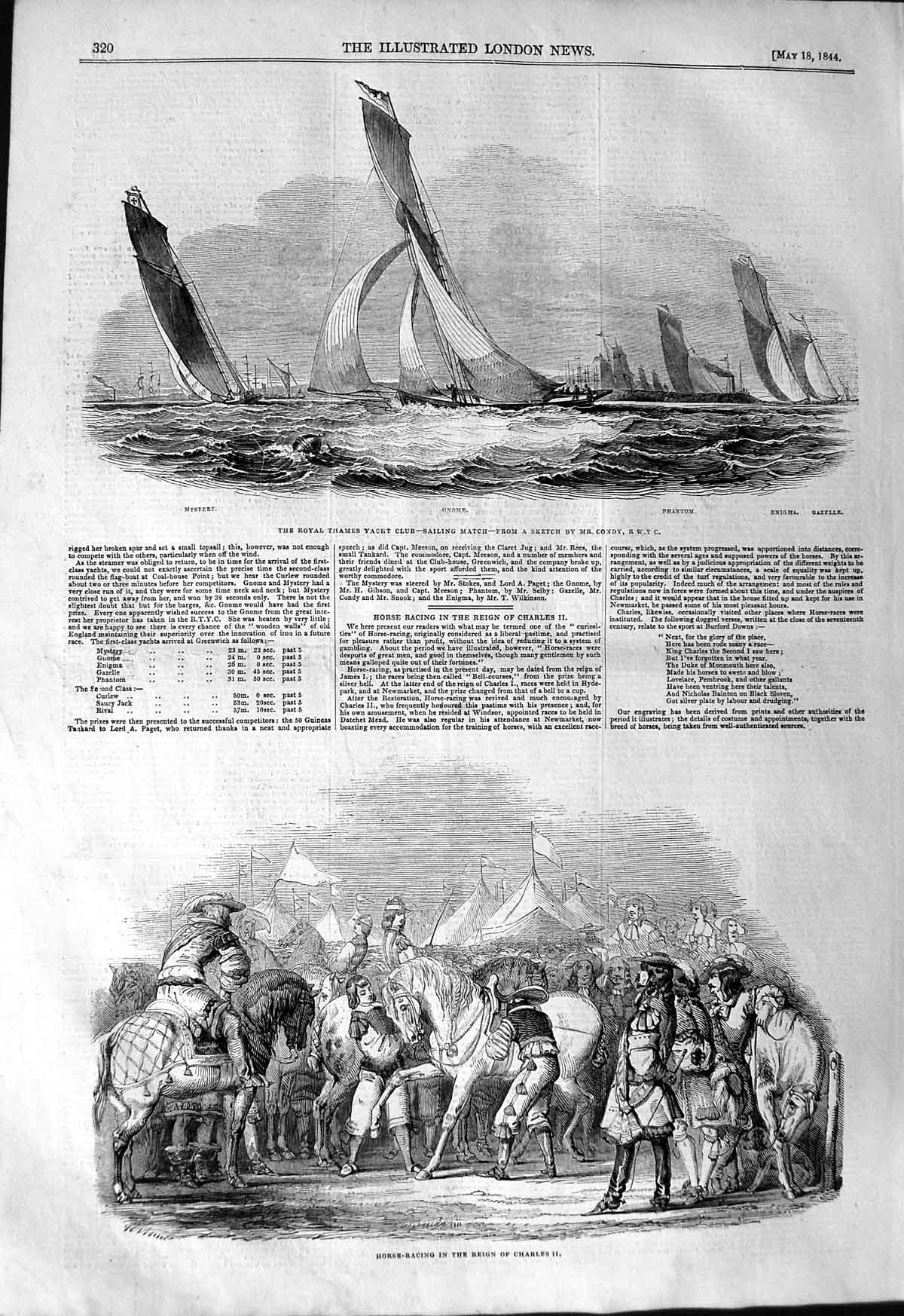 Old Antique Print 1844 Horse Racing Charles Ii Thames Yacht Race Phantom 19th