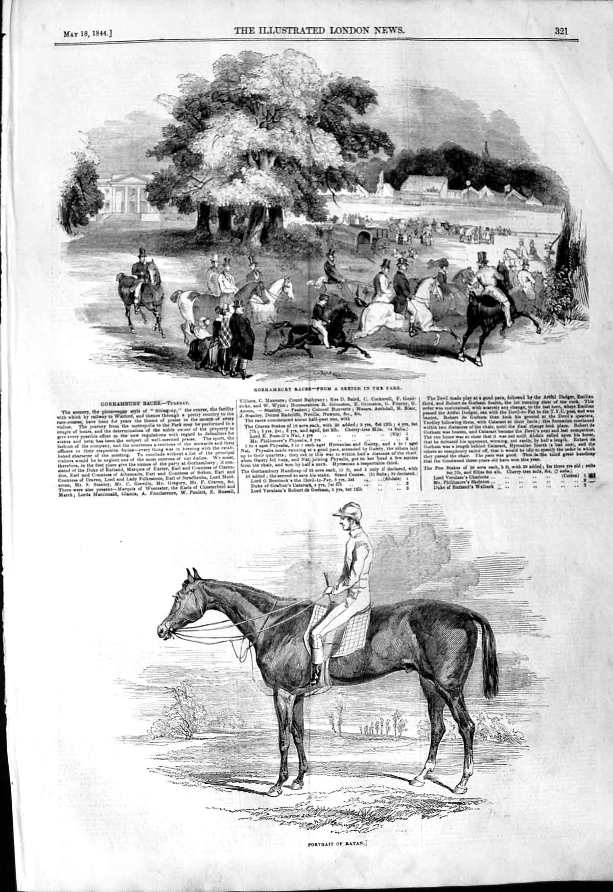 Original Old Antique Print 1844 Gorhambury Races Ratan Horse Jocke Victorian