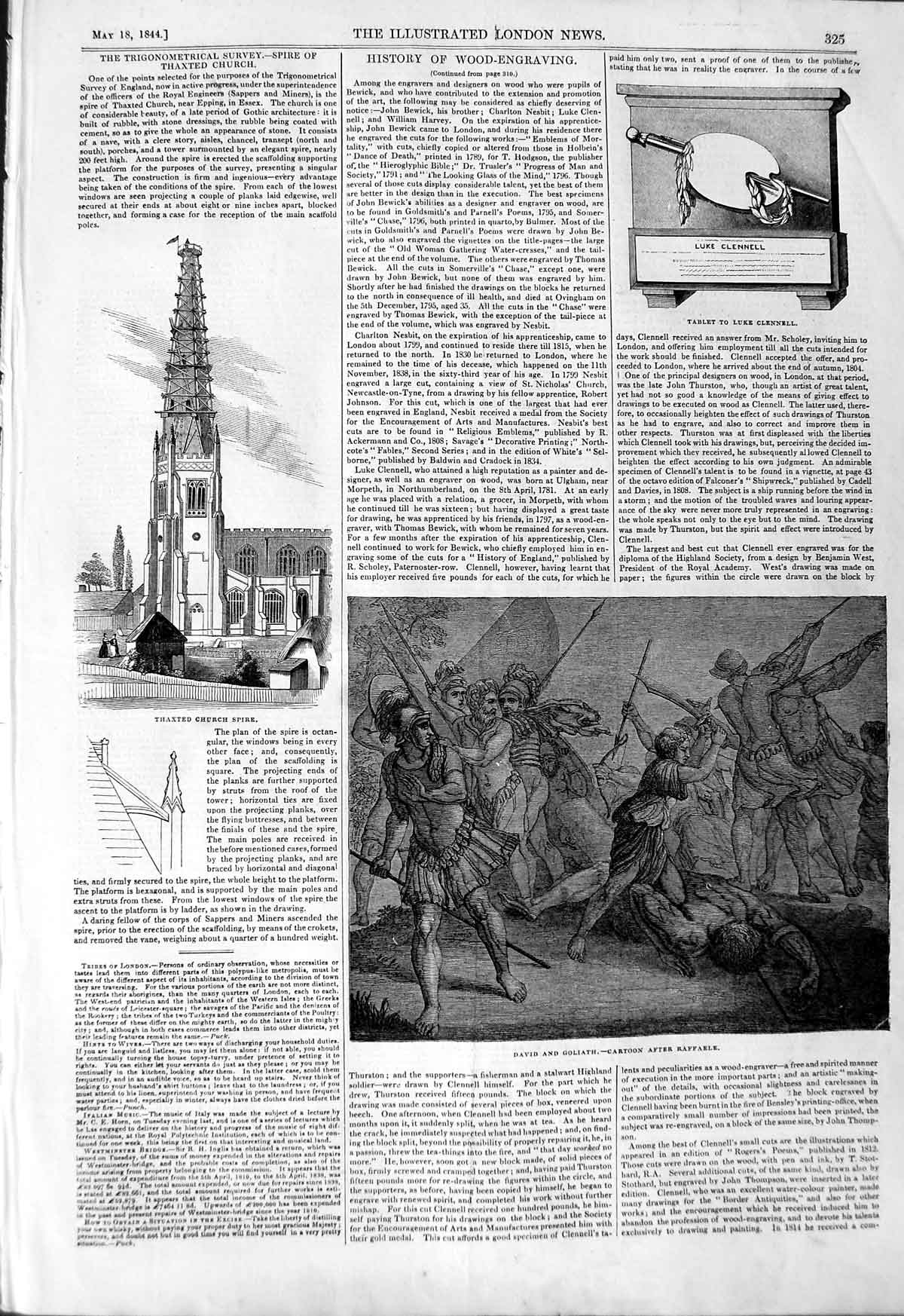 Original Old Antique Print 1844 David Goliath Cartoon Thaxted Church Luke C 19th