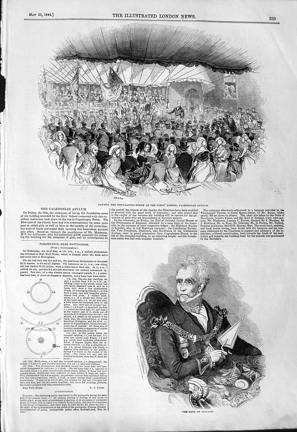 Original Old Antique Print 1844 Earl Zetland Foundation Girls Caledonian Asylum