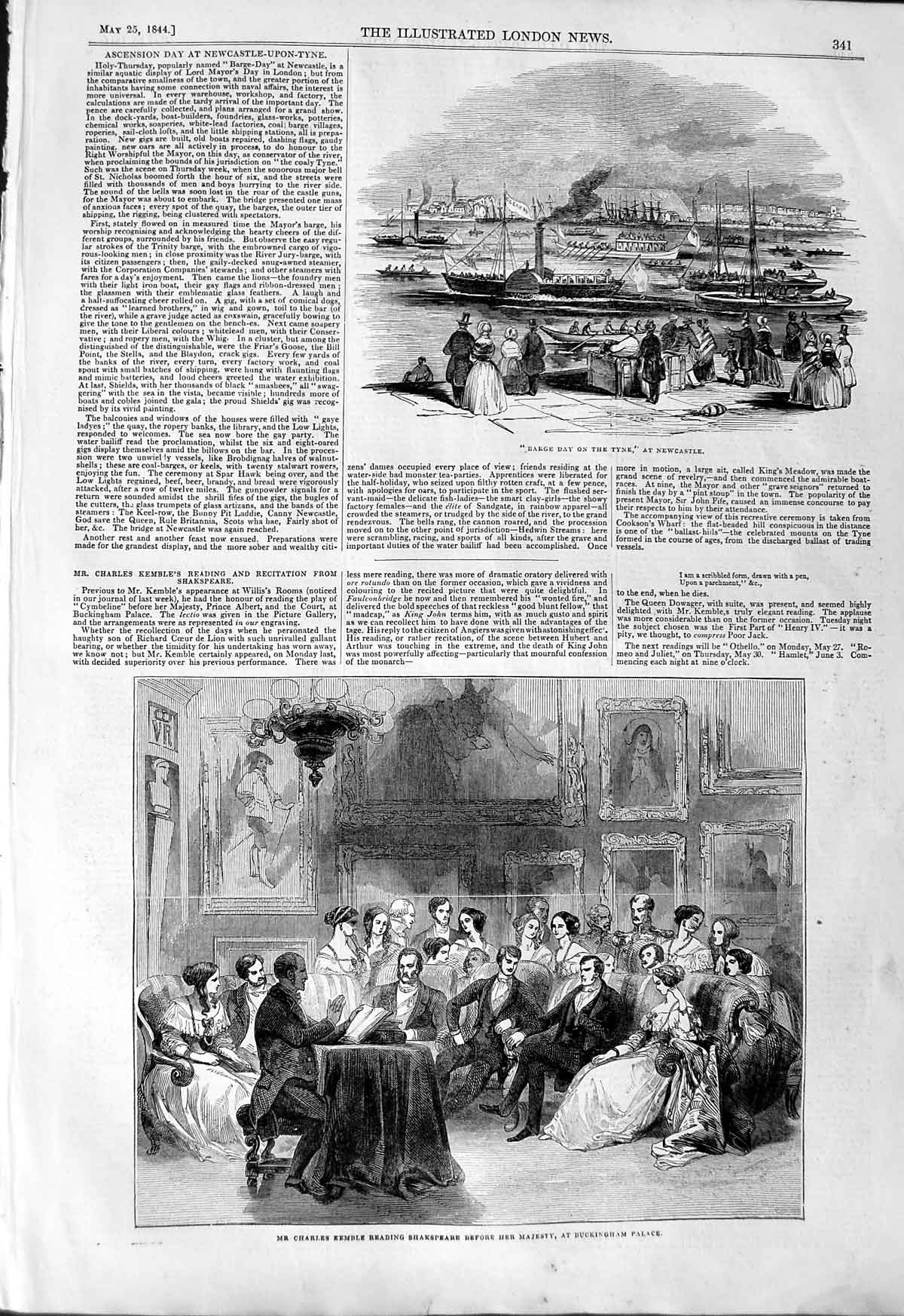 Original Old Antique Print 1844 Barges Tyne Newcastle Charles Kemble Buckingham