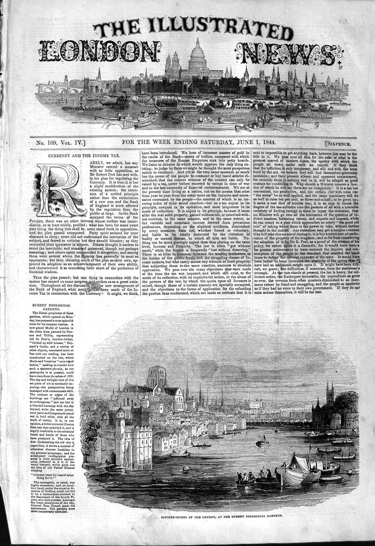Original Old Antique Print 1844 Picture-Model London Surrey Boats River Bridge