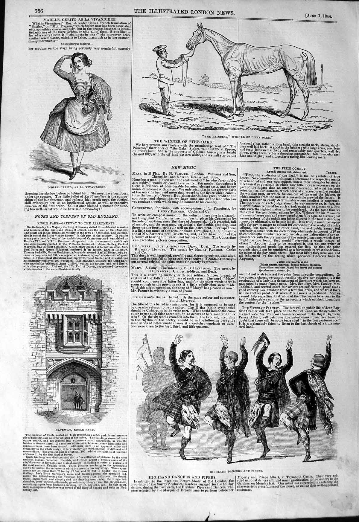 Original Old Antique Print 1844 Highland Dancers Knole Park Cerito Princes 19th