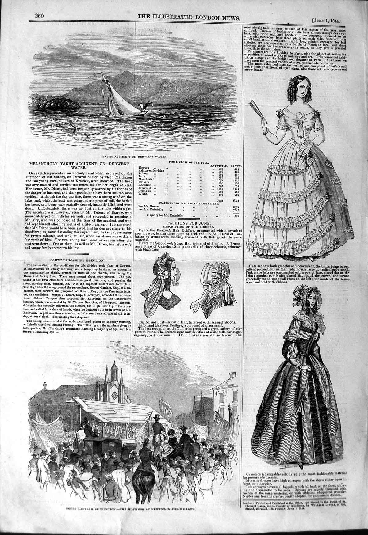 Original Old Antique Print 1844 Yacht Derwent Lancashire Election Hustings 19th
