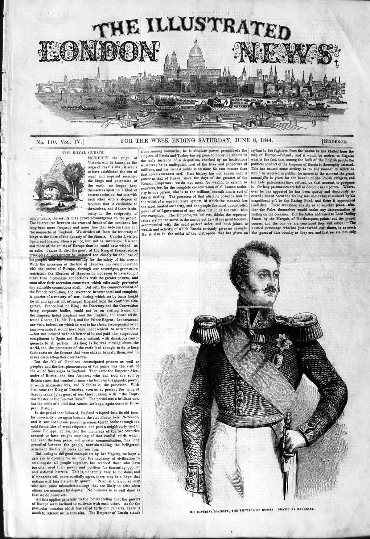 Original Old Antique Print 1844 Portrait His Imperial Majesty Emperor Russia