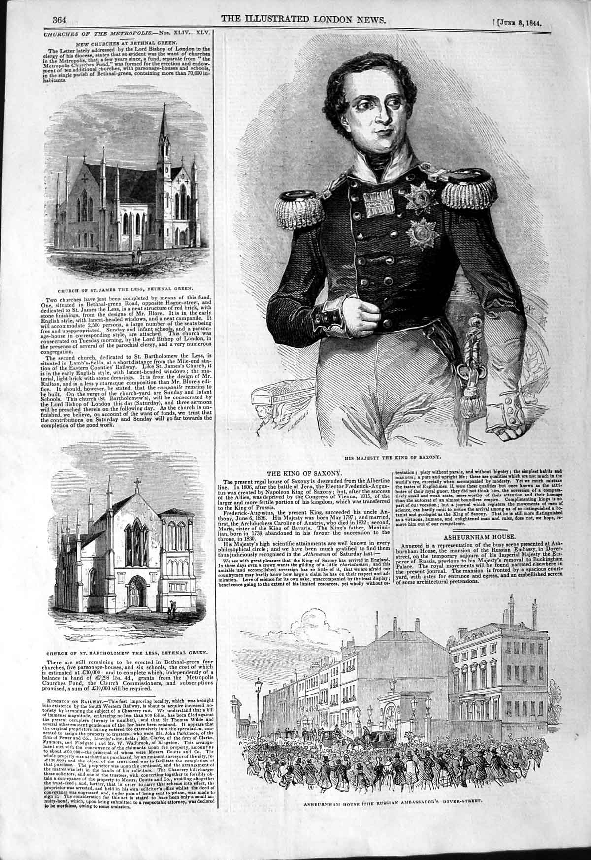 Old Antique Print 1844 King Saxony Church Bethnal Bartholomew Ashburnham 19th