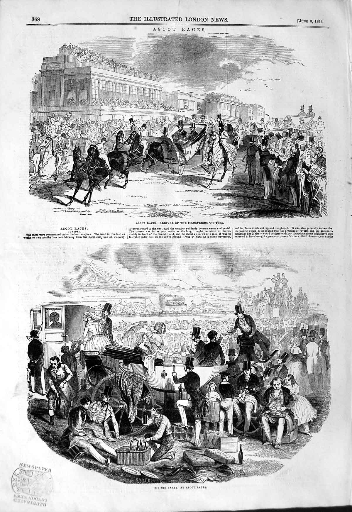 Original Old Antique Print 1844 Ascot Horse Racing Sport GCup Emperor Russia
