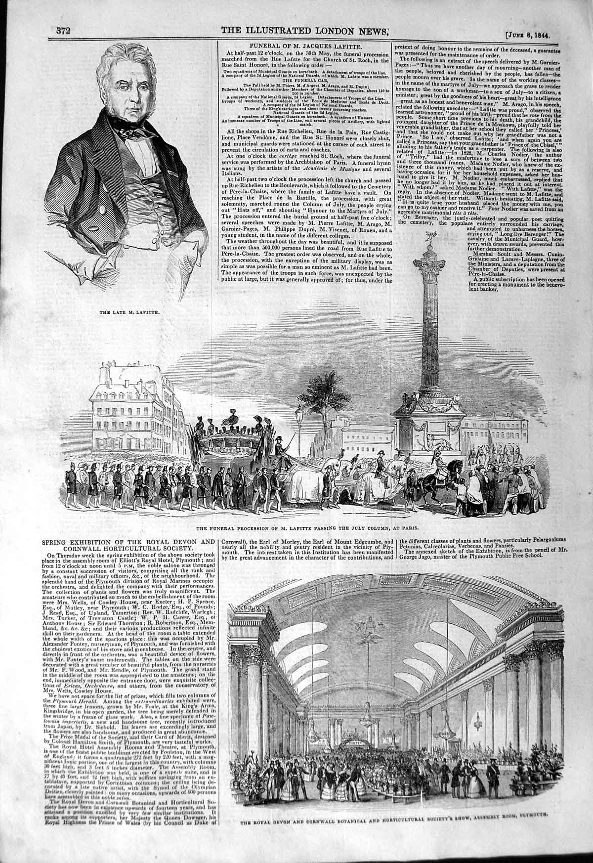 Old Antique Print 1844 Lafitte Funeral Paris Cornwall Horticultural Show 19th