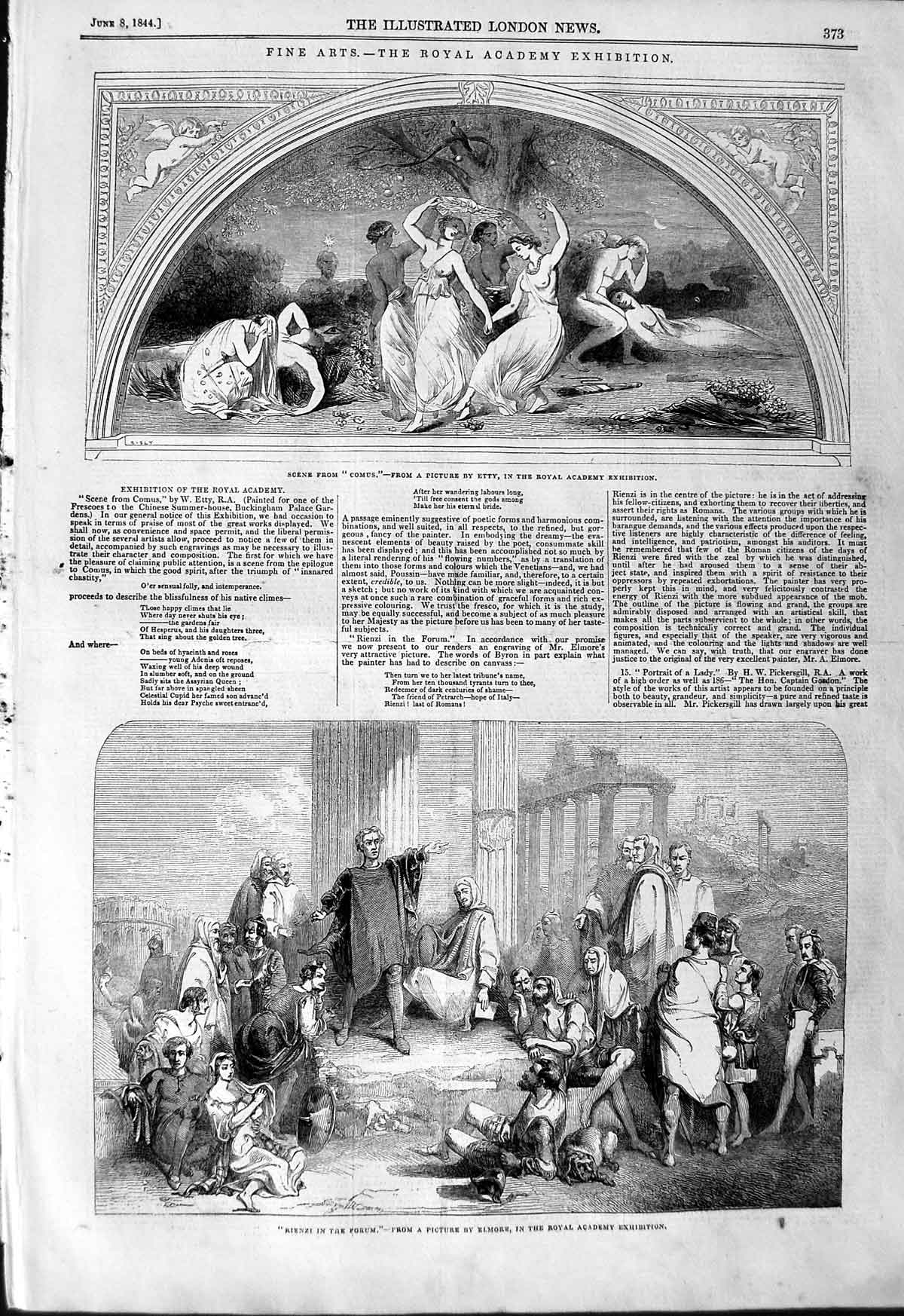 Old Antique Print 1844 Scene Comus Theatre Rienzi Forum Royal Academy Art 19th