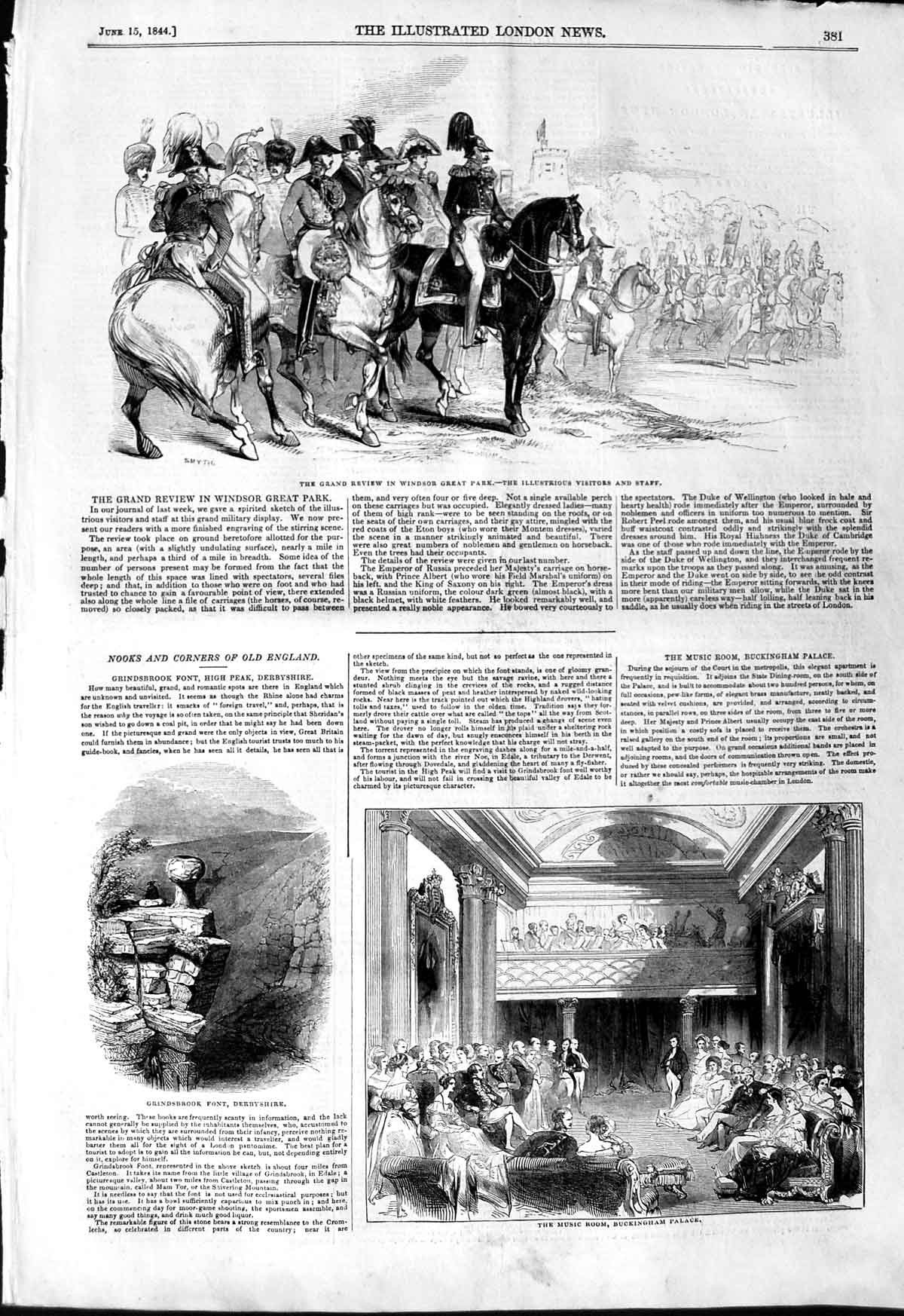 Original Old Antique Print 1844 Windsor Park Grindsbrook Font Buckingham Palace