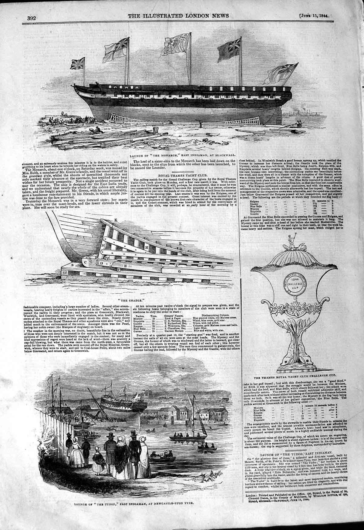 Original Old Antique Print 1844 Monarch Ship Blackwall Cradle Tudor Thames Cup