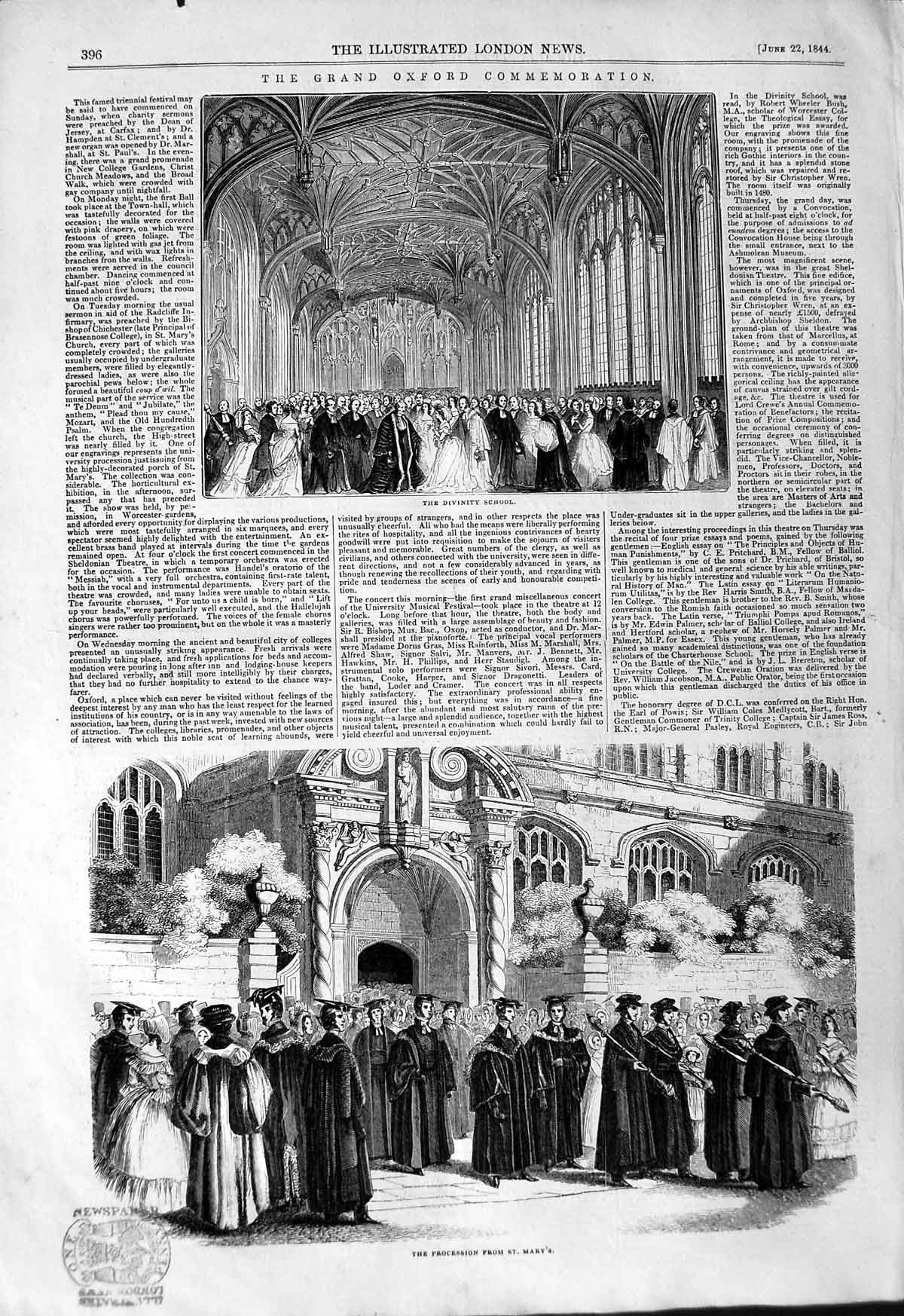 Original Old Antique Print 1844 Oxford Commemoration School Boat Race Theatre