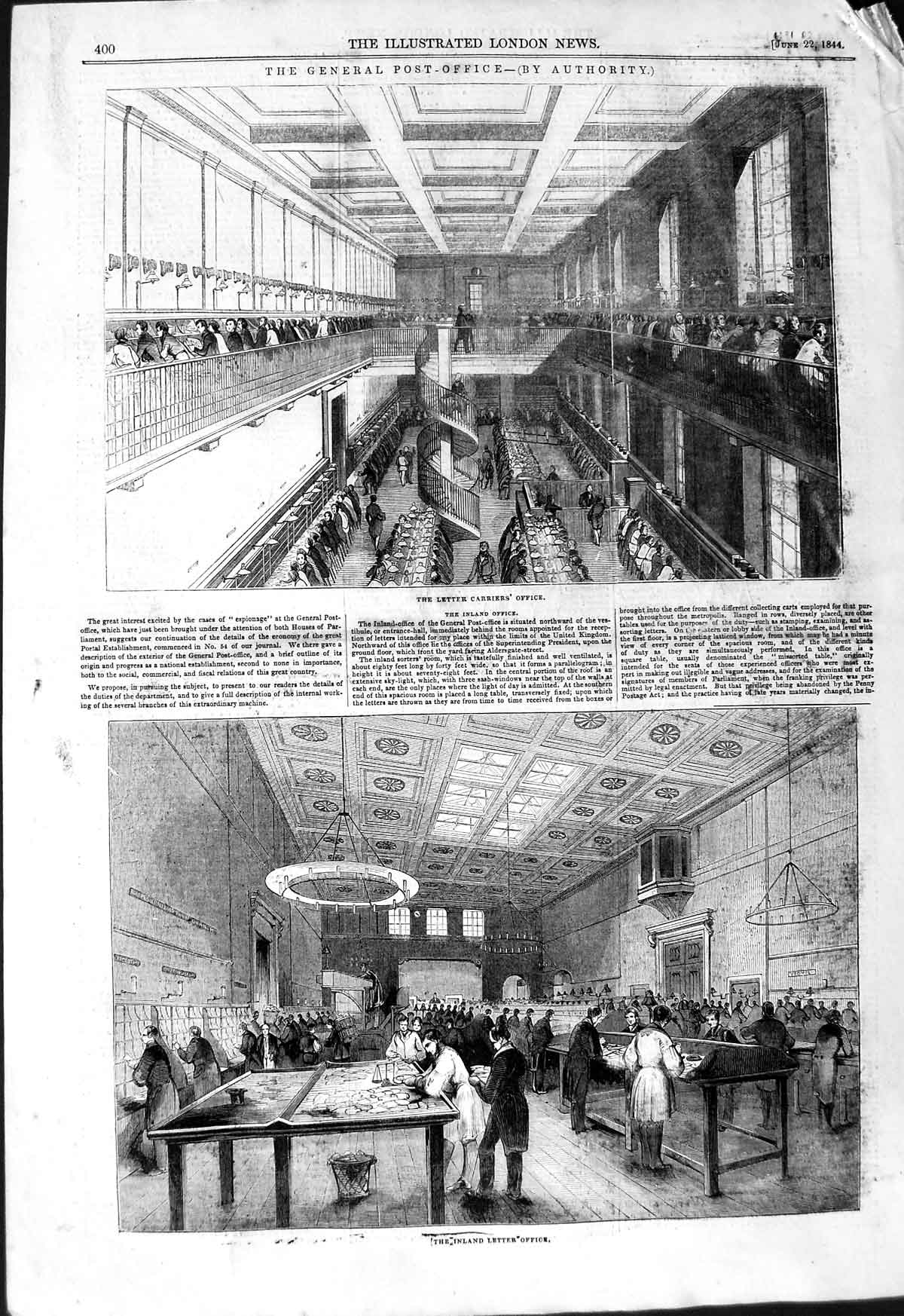 Original Old Antique Print 1844 General Post Office Mail Letters Money-Orde 19th