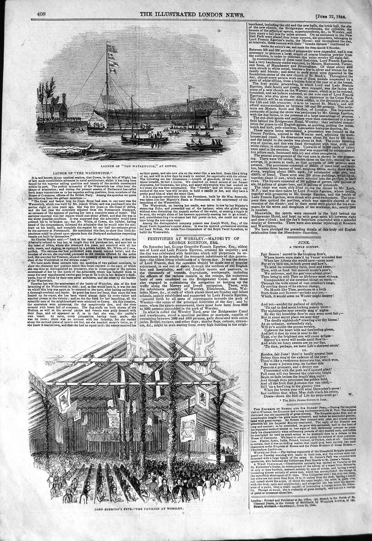 Original Old Antique Print 1844 Launch Waterwitch Cowes Lord Egerton Victorian