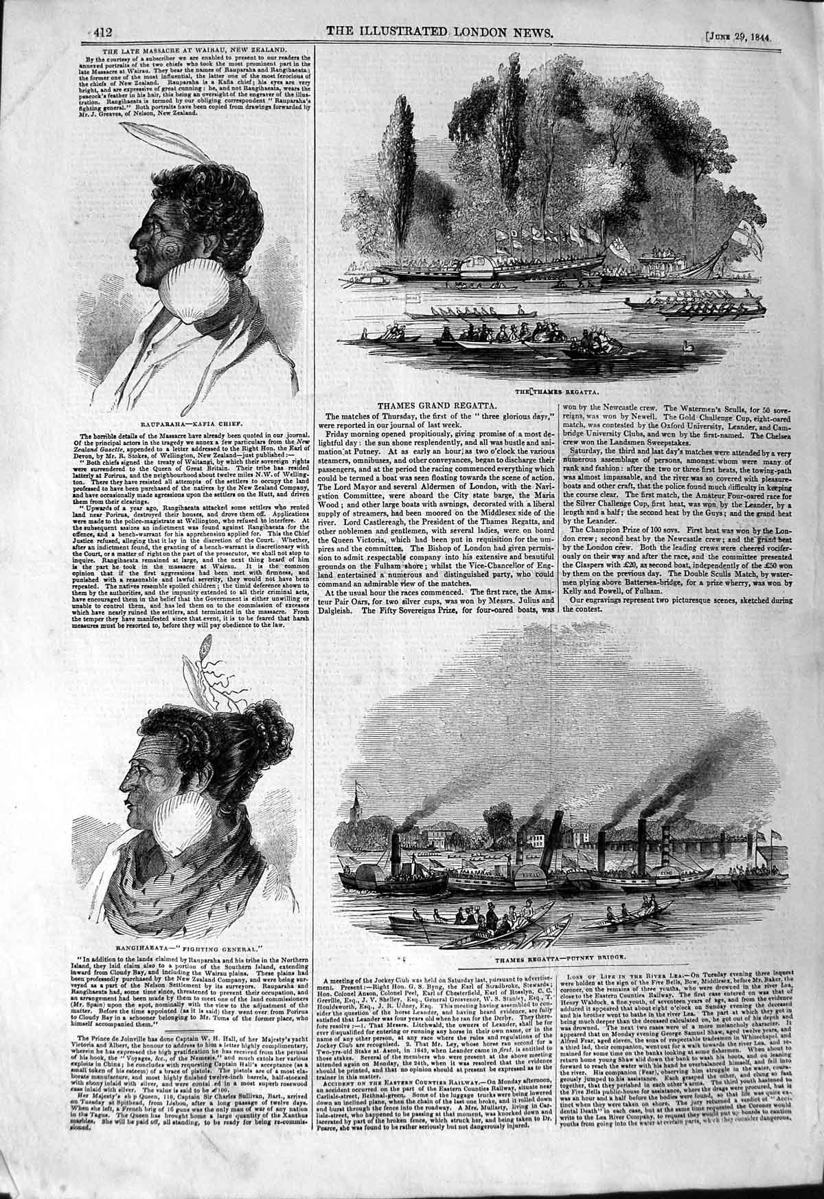 Old Antique Print 1844 Kafia Chief Rangihaeata Thames Regatta Putney Boat 19th