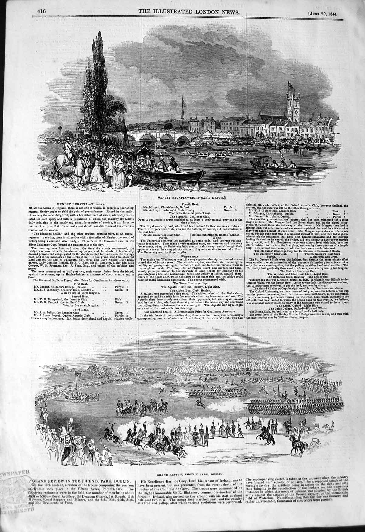 Original Old Antique Print 1844 Henley Regatta Boats Sport Phoenix Park 19th
