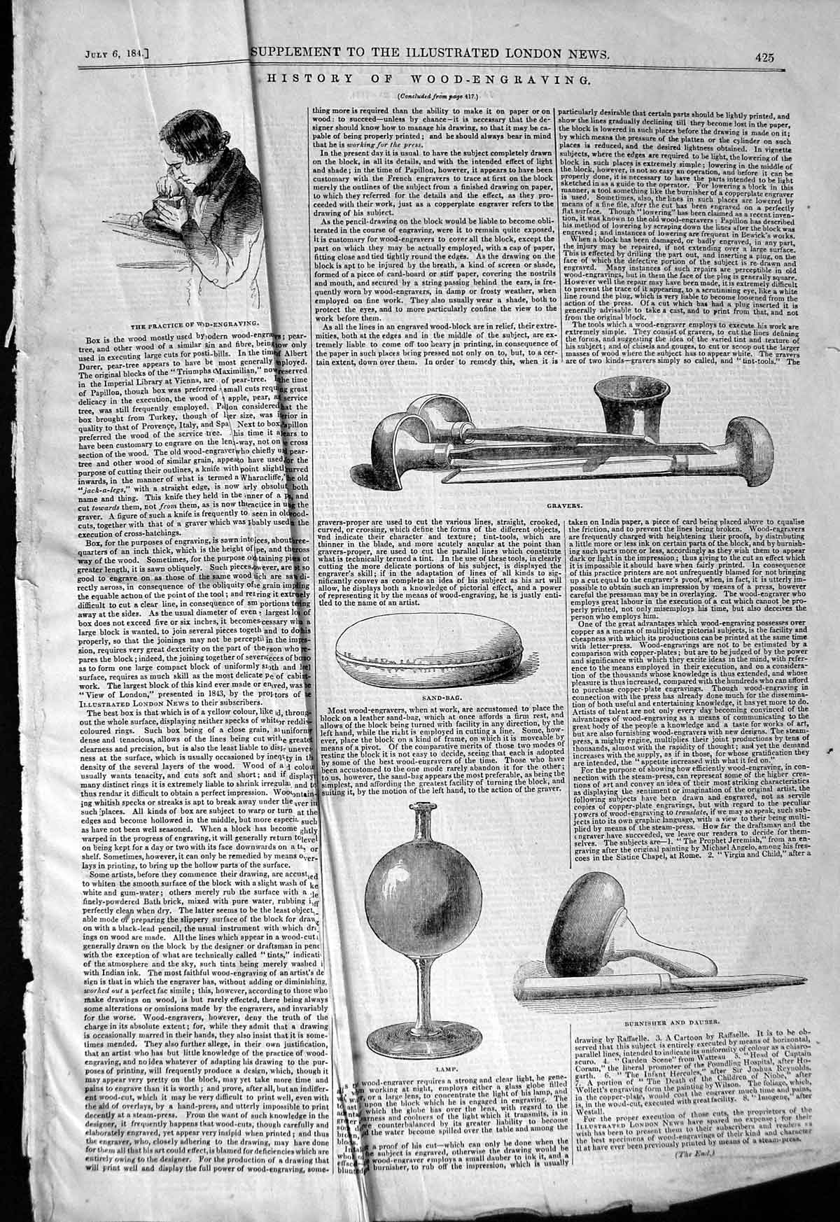 Original Old Antique Print 1844 Wood Engraving Lamp Sand-Bag Burnisher Victorian