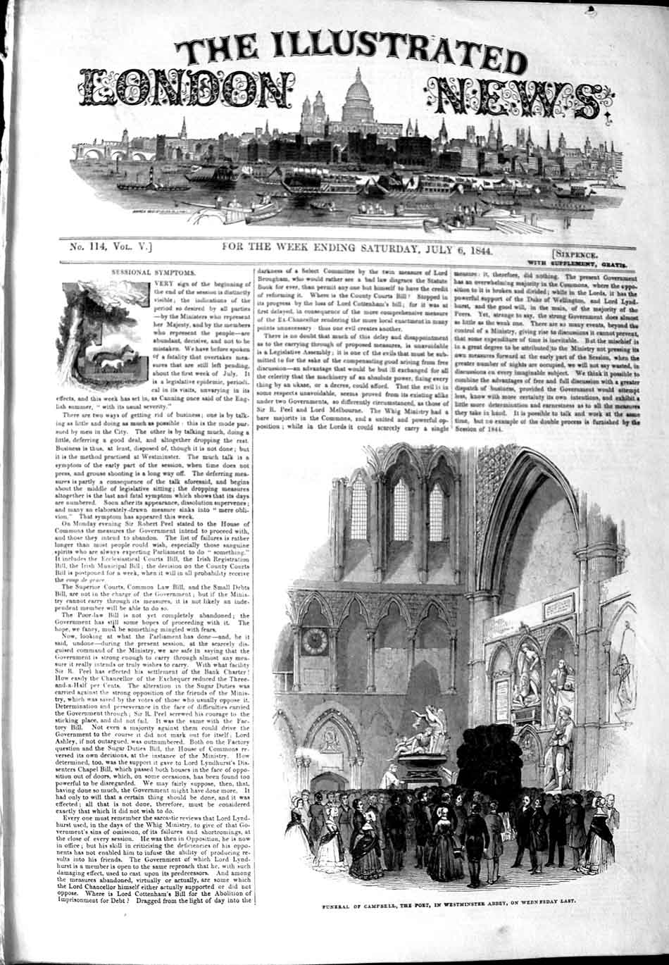 Original Old Antique Print 1844 Funeral Campbell Poet Westminster Abbey 19th
