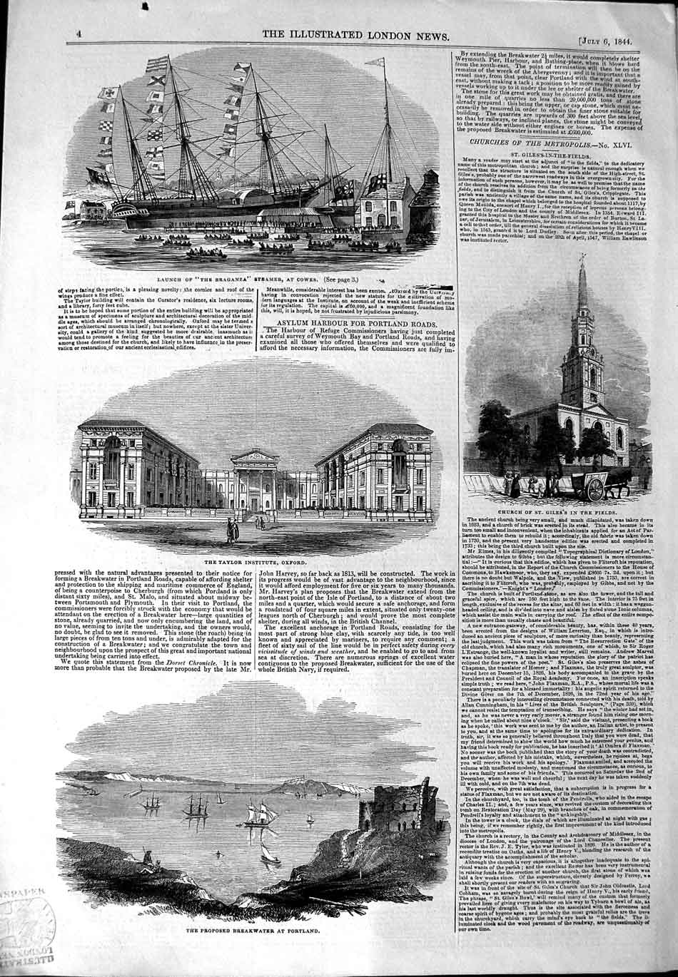 Original Old Antique Print 1844 Braganza Ship Cowes Church Giles Portland 19th