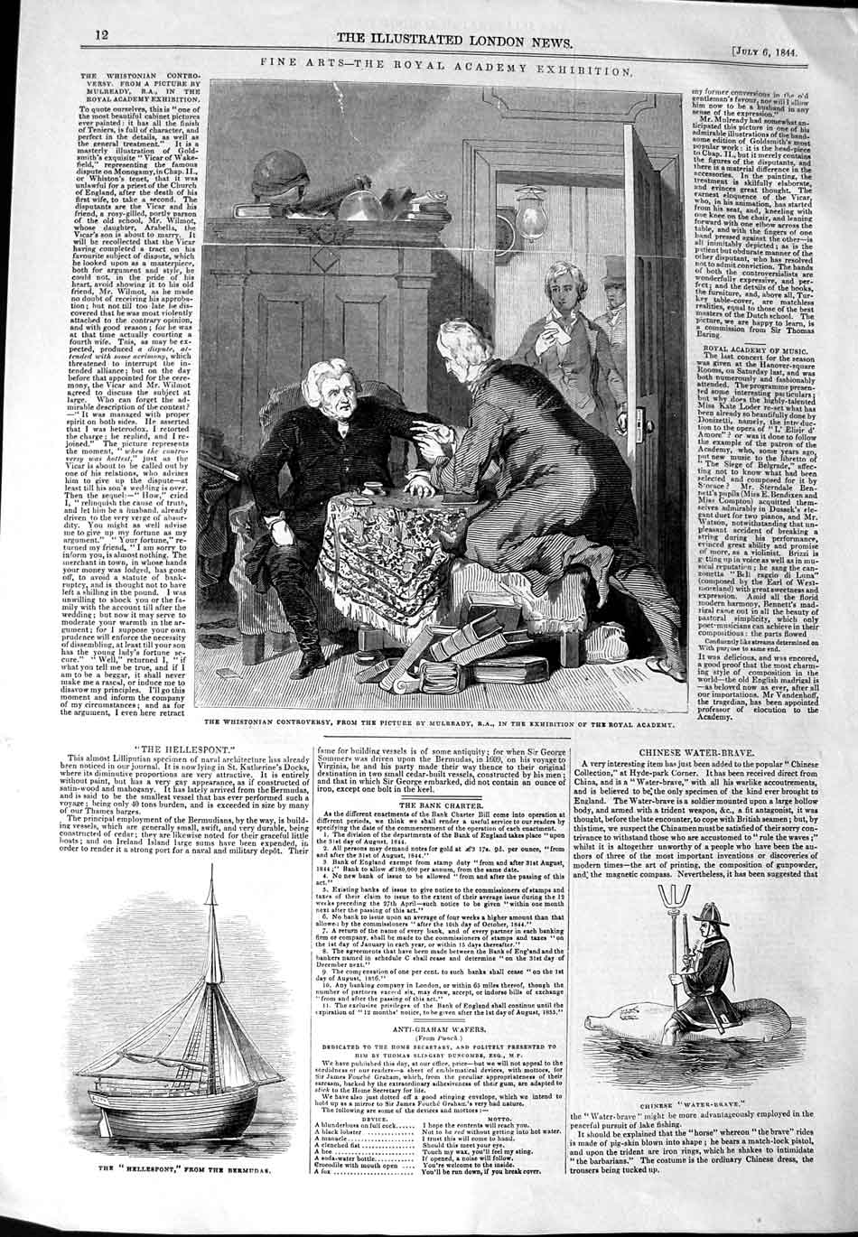 Original Old Antique Print 1844 Hellespont Boat Bermudas Whistonian Controversy