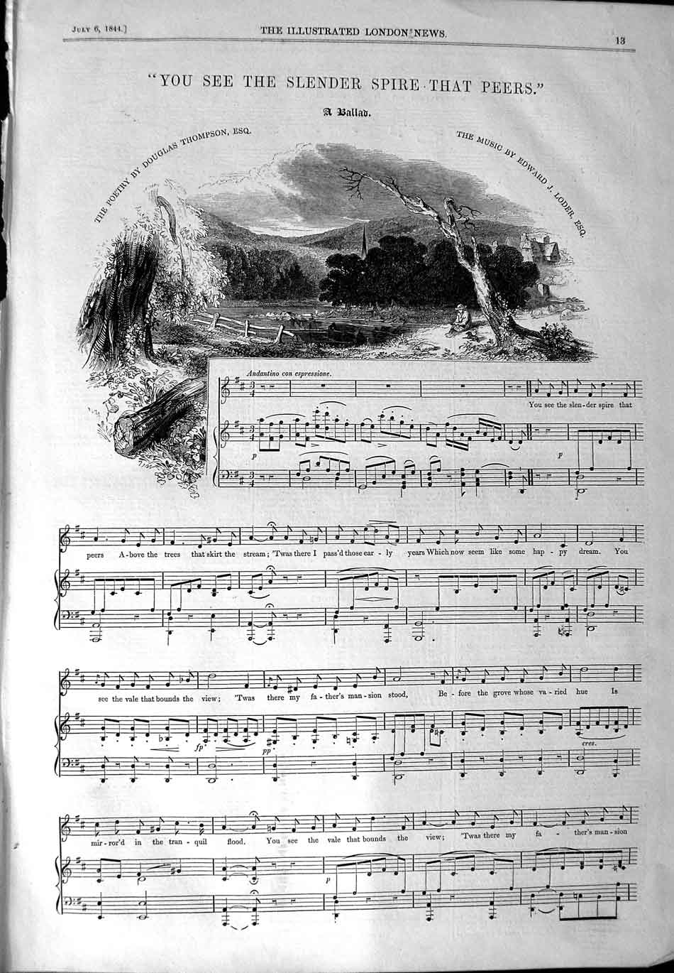 Old Antique Print 1844 Sheet Music You See Slender Spire Peers Thompson 19th
