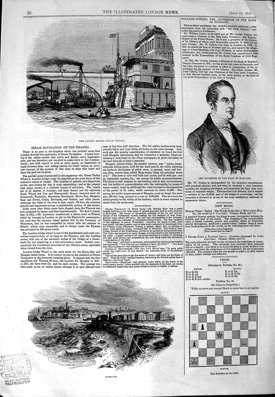Original Old Antique Print 1844 London Bridge Steam Wharf Margate Bank Governor