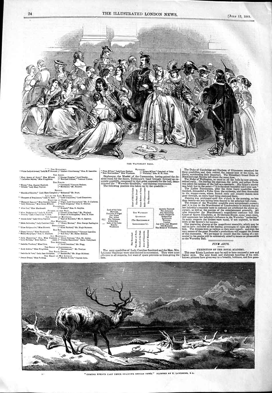 Old Antique Print 1844 Waverley Ball Dancing Romance Deer Stag Mountains 19th