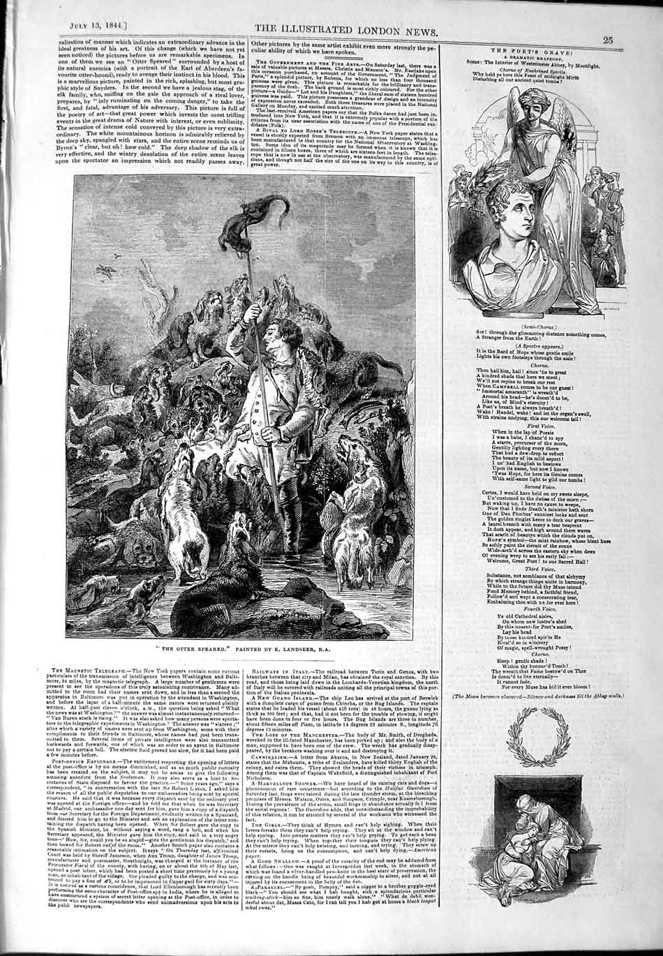Original Old Antique Print 1844 Otter Speared Hunting Sport Hounds Landseer