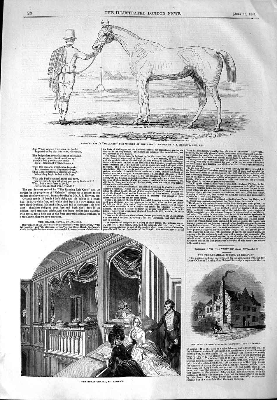 Old Antique Print 1844 Royal Chapel St. James Colonel Peel Horse Orlando 19th