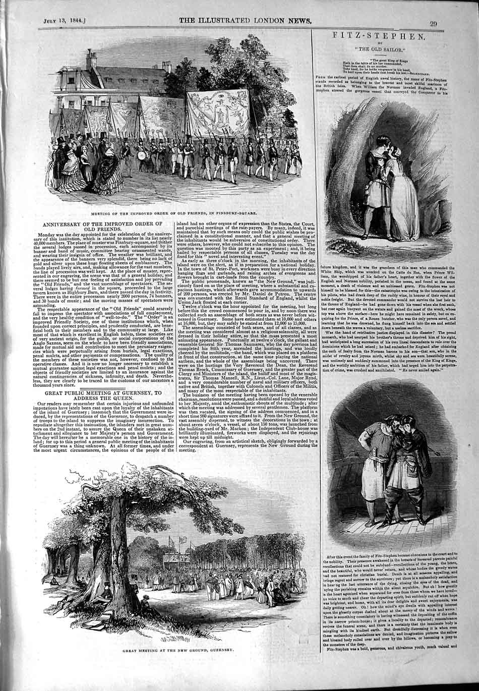 Original Old Antique Print 1844 Great Public Meeting Finsbury Square Guernsey