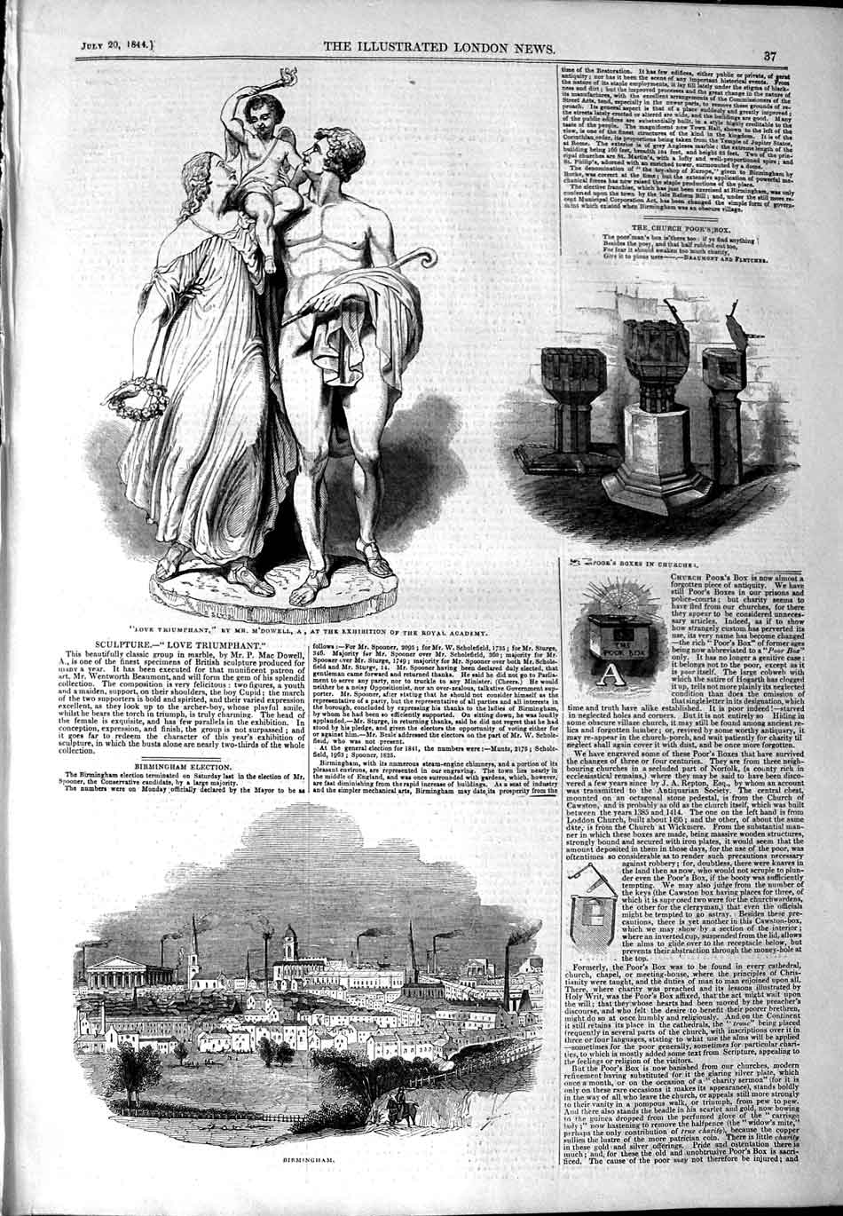 Original Old Antique Print 1844 Birmingham Church Boxes Sculpture Love M'Dowell