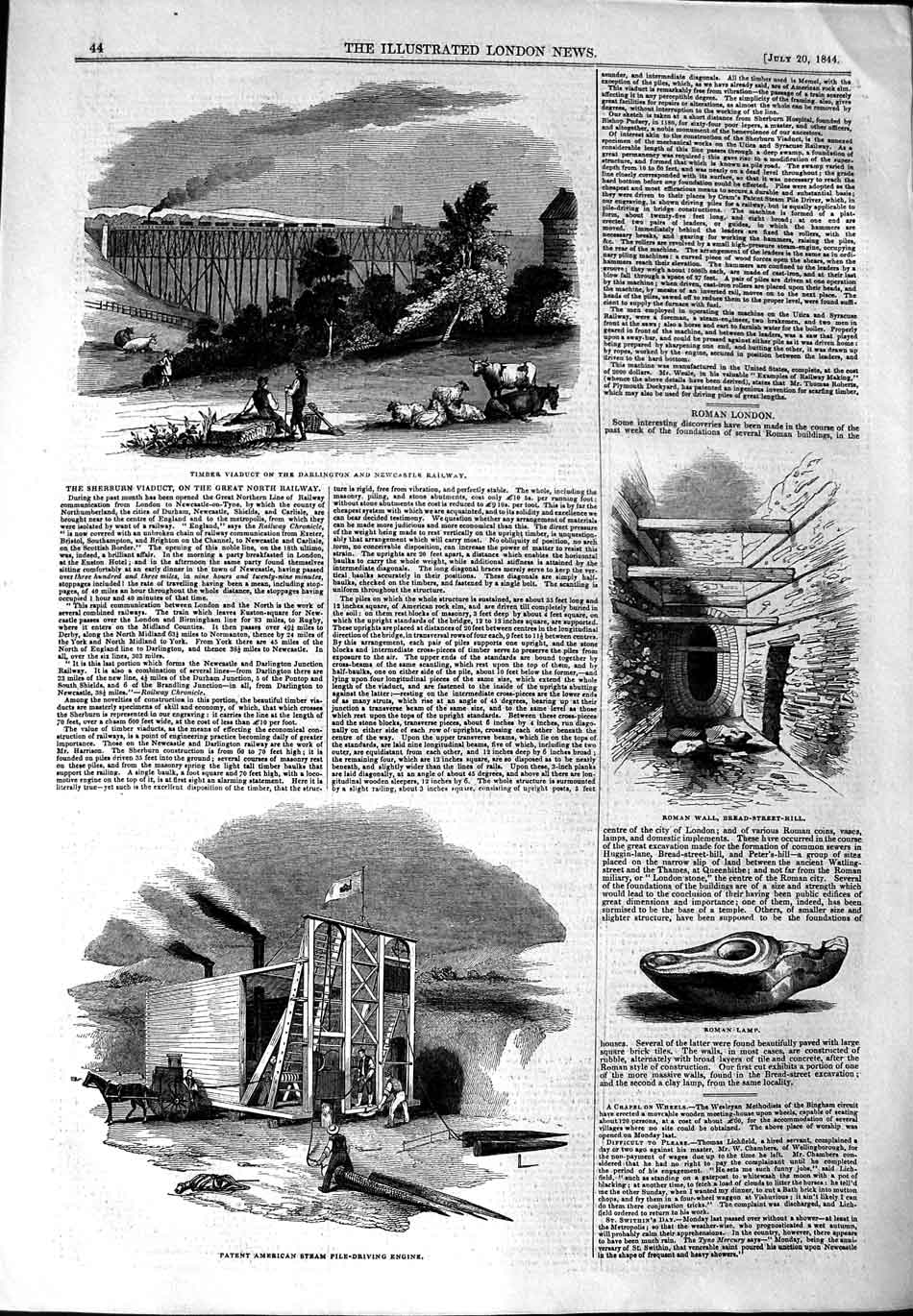 Original Old Antique Print 1844 Timber Viaduct Darlington Railway Steam Engine