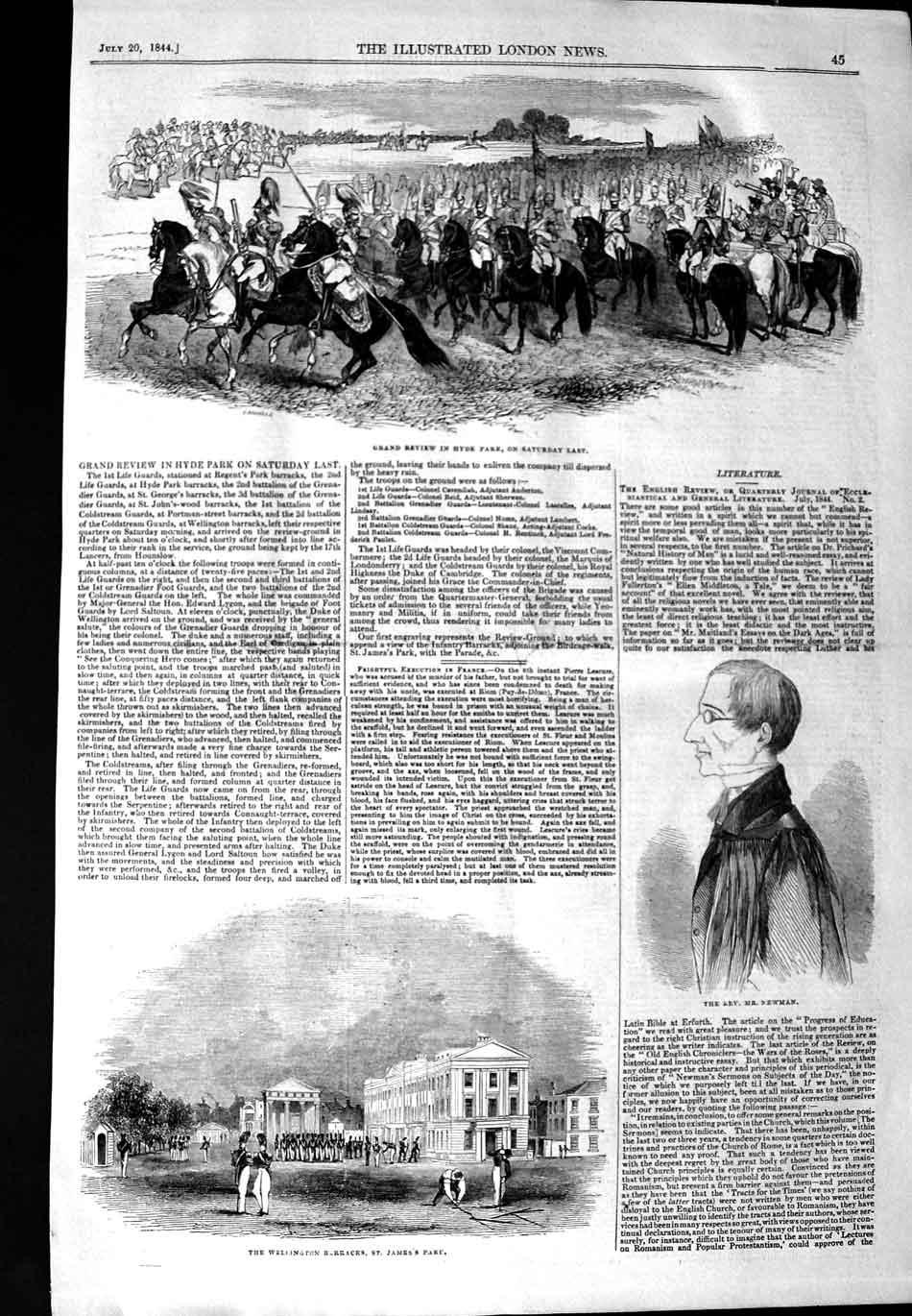 Old Antique Print 1844 Review Hyde Park Rev. Newman Wellington Barracks 19th