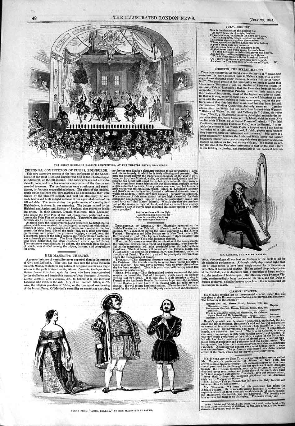 Original Old Antique Print 1844 Highland Bagpipe Theatre Edinburgh Roberts 19th