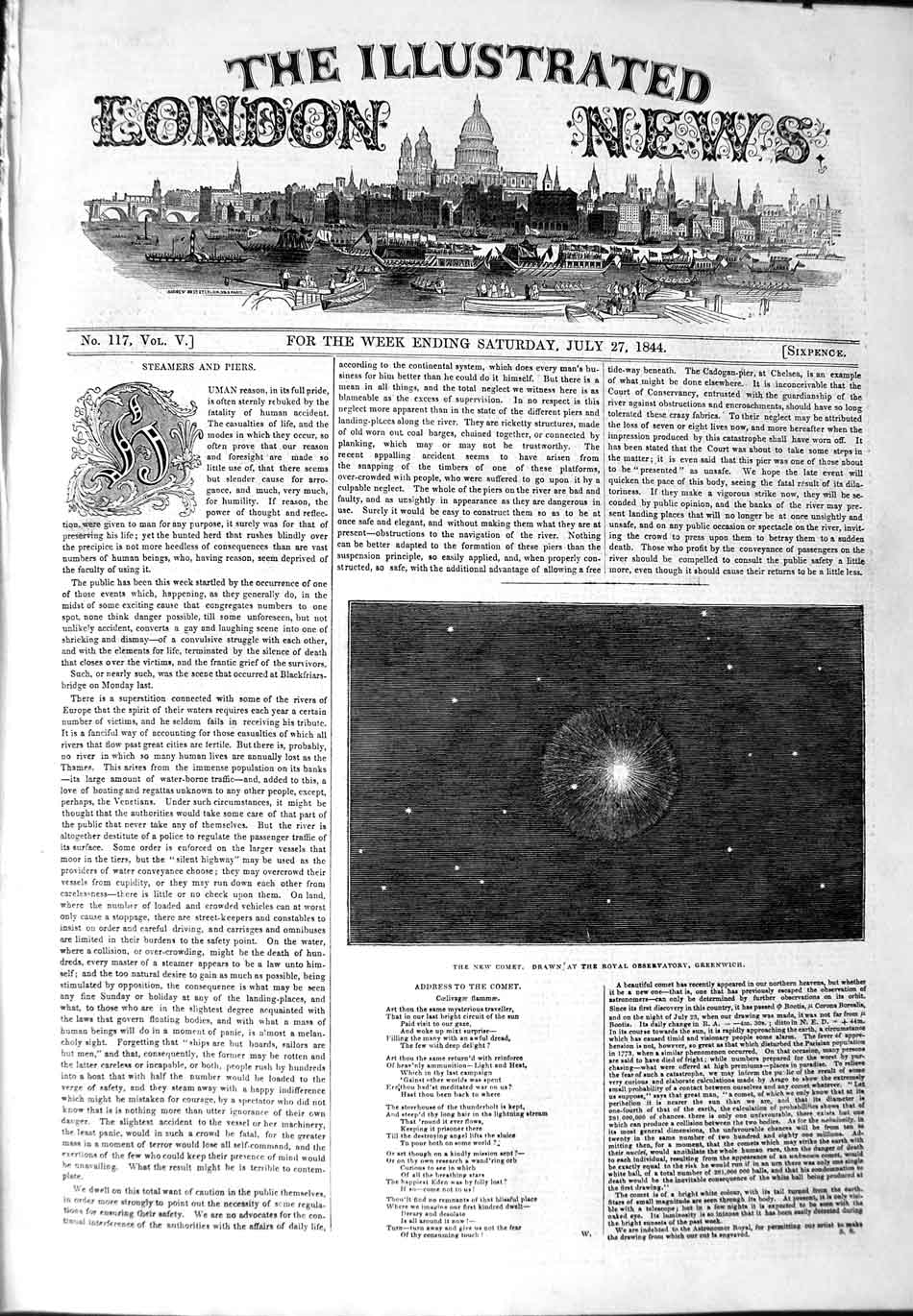 Original Old Antique Print 1844 New Comet Royal Observatory Greenwich Victorian