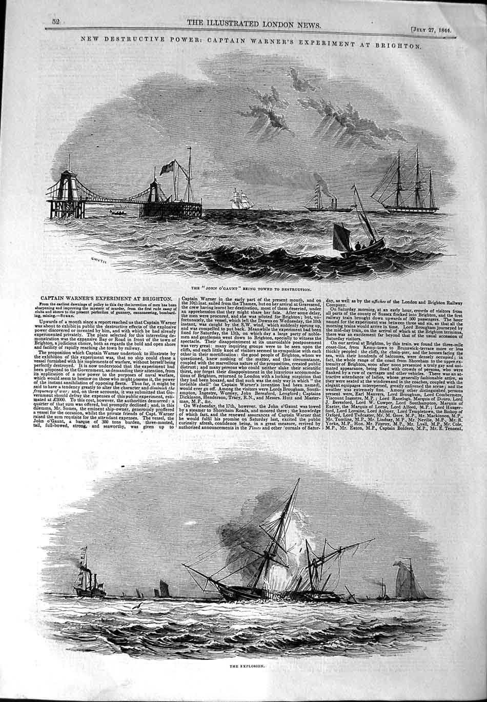Old Antique Print Ref.504 1844 John O'Gaunt Ship Captain Warner Brighton