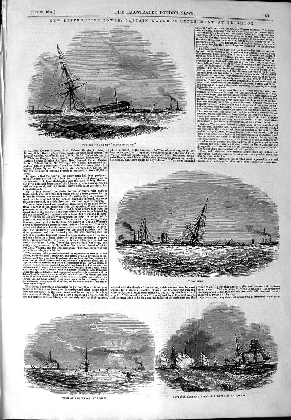 Original Old Antique Print 1844 John O'Gaunt Ship Captain Warner Brighton 19th