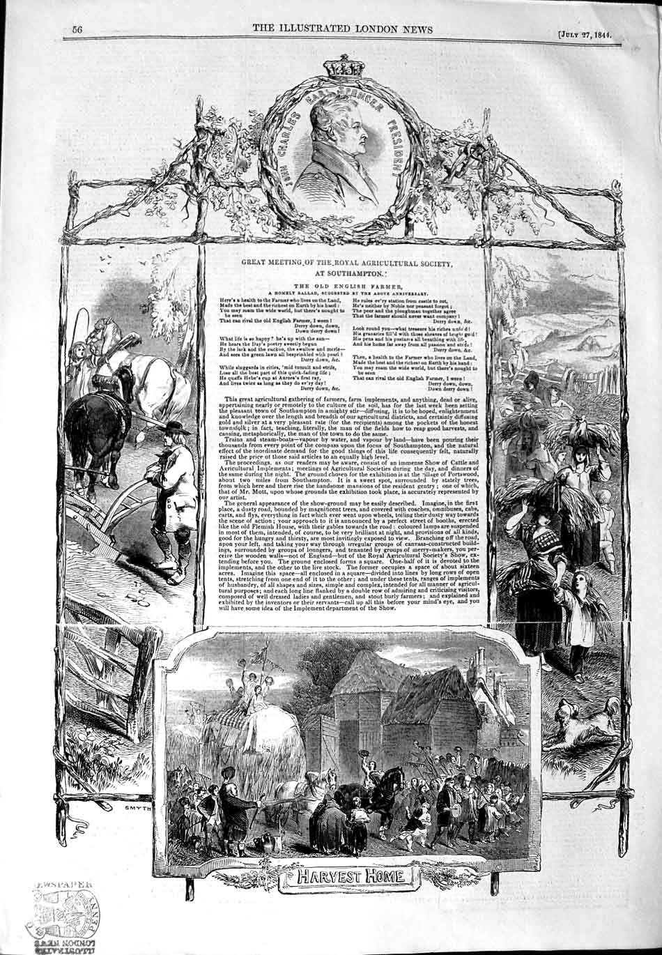Original Old Antique Print 1844 Royal Agricultural Society Southampton Harvest