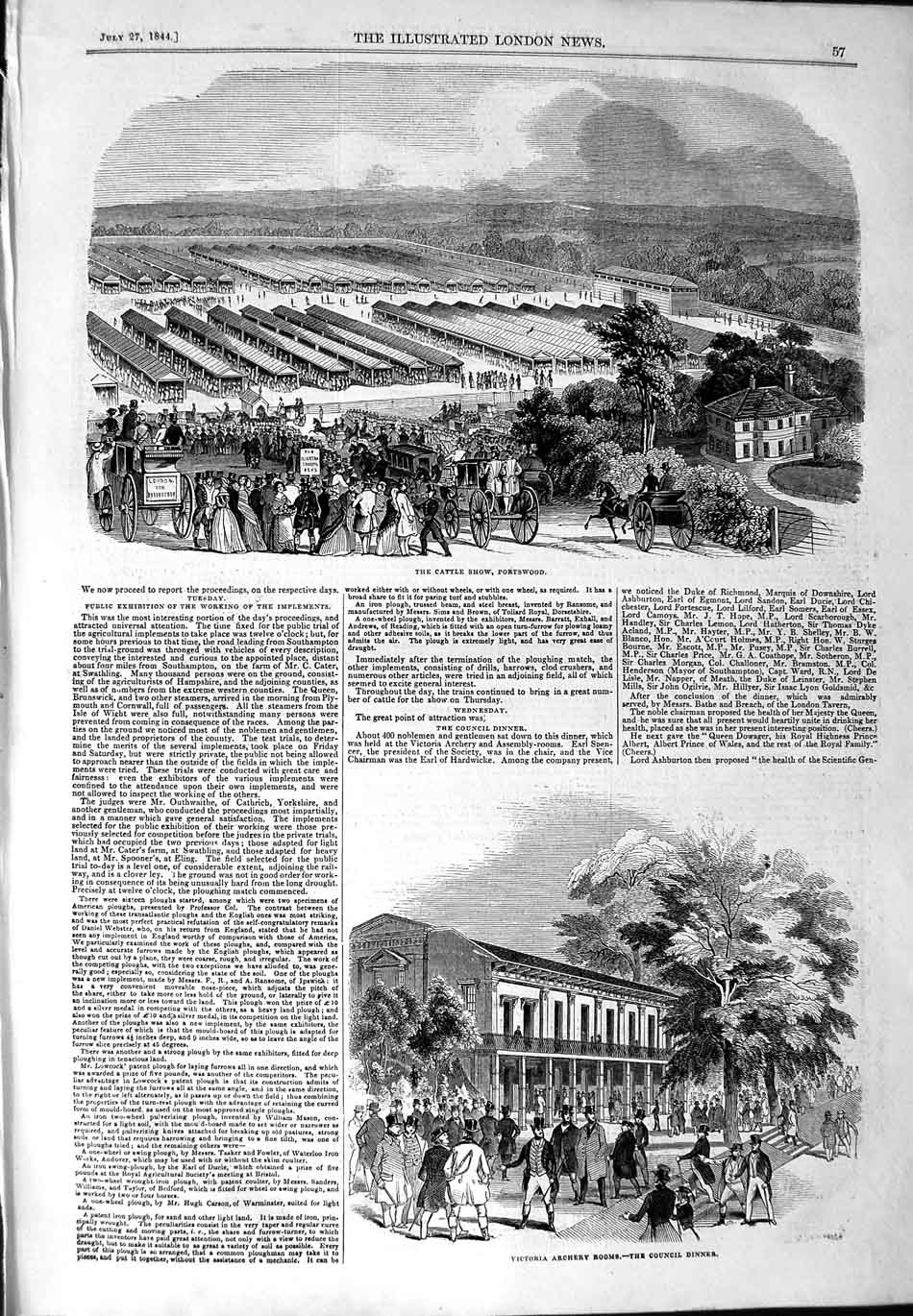 Old Antique Print *3154 1844 Cattle Show Portswood Victoria Archery Rooms