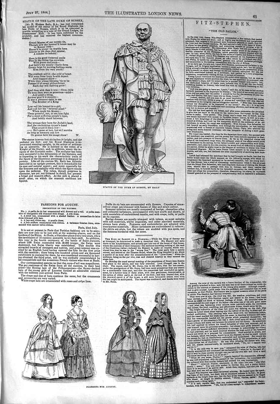 Original Old Antique Print 1844 Statue Duke Sussex Baily Womens Fashion 19th