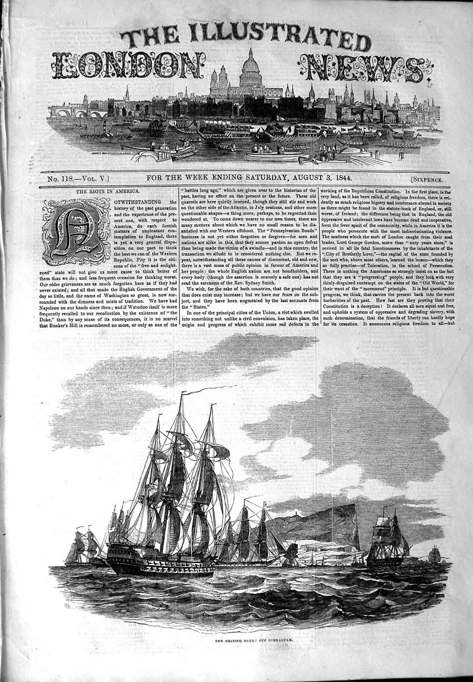 Original Old Antique Print 1844 British Fleet War Ships Gibraltar Victorian