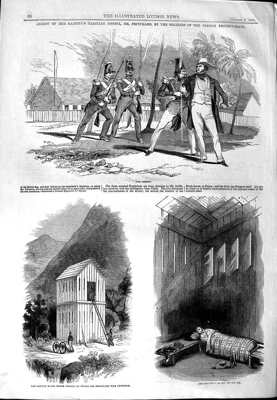 Original Old Antique Print 1844 Arrest Queen Tahitian Consul Pritchard Prison
