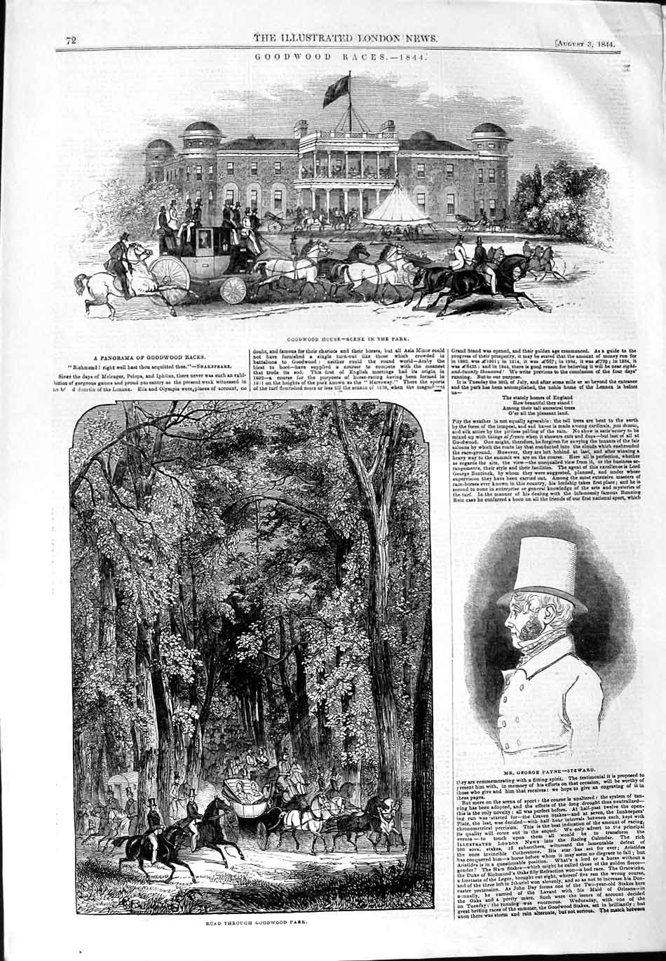 Original Old Antique Print 1844 Goodwood Horse Races Park George Payne 19th