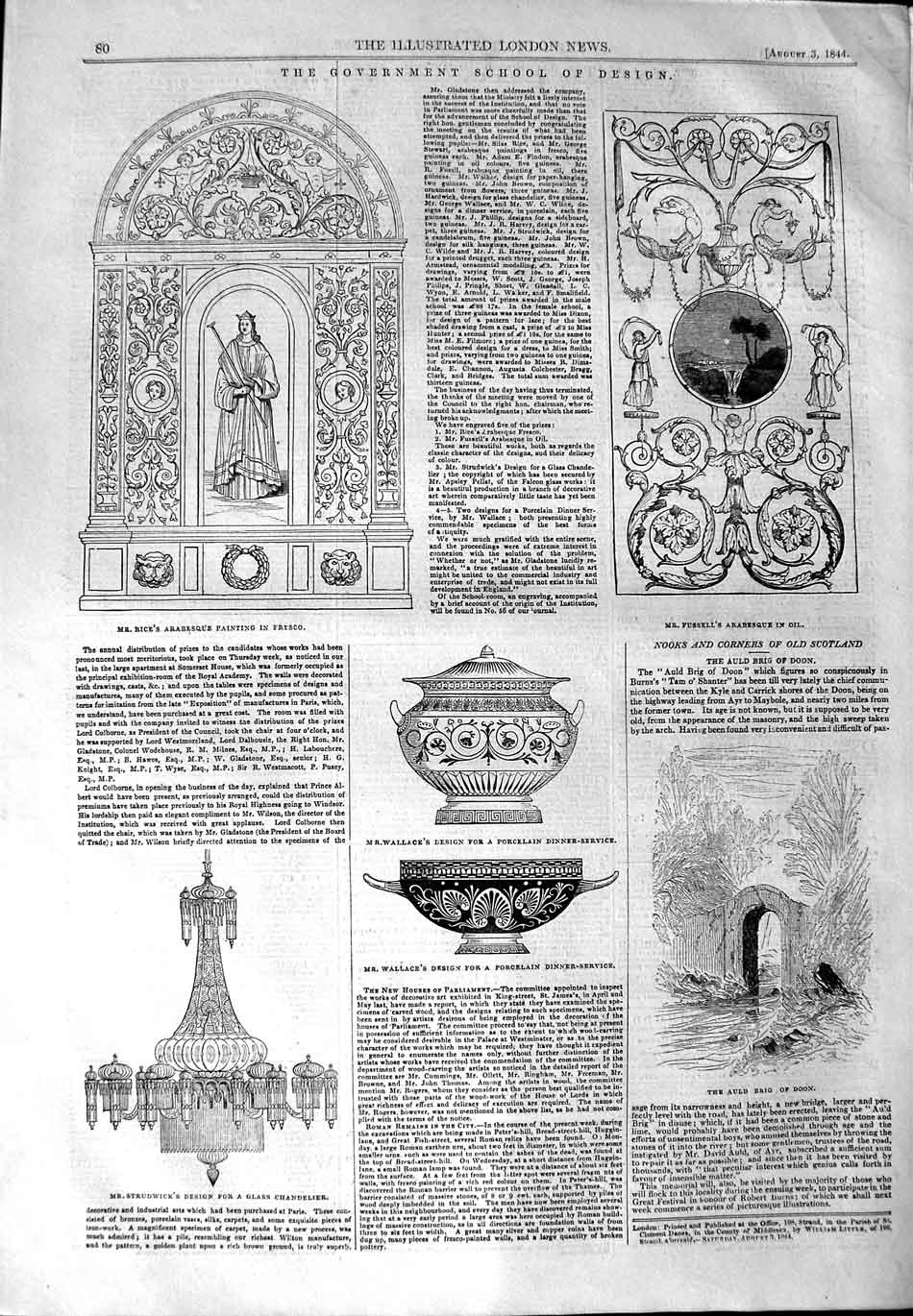 Original Old Antique Print 1844 Government School Design Wallace Rice Brig Doon