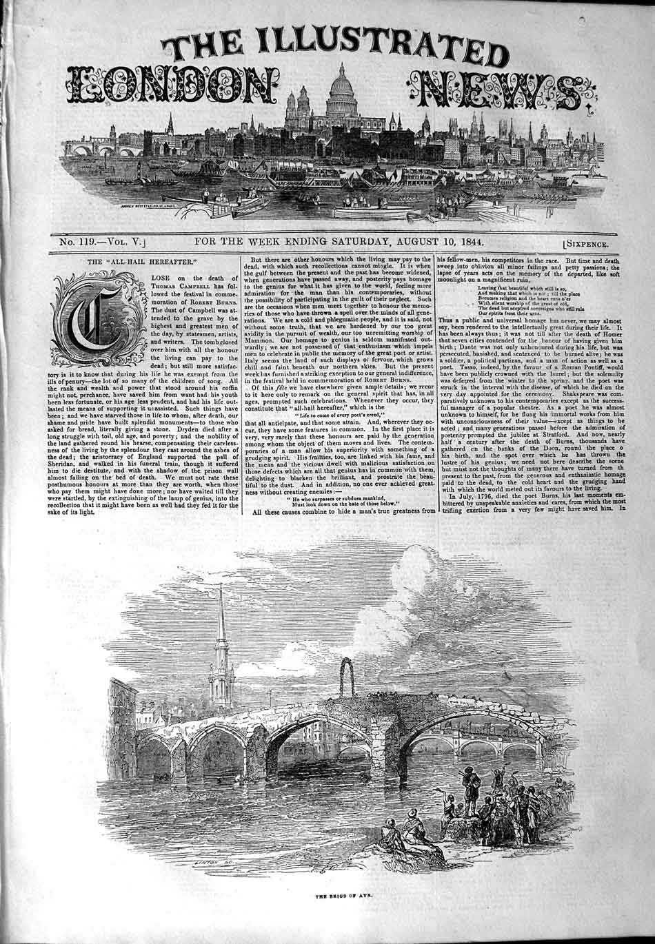 Original Old Antique Print 1844 View Brigs Ayr River Bridge S 19th