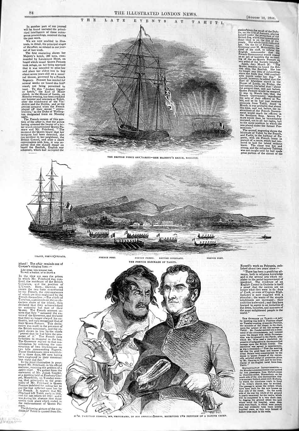 Old Antique Print 1844 Tahiti Queen Ketch Basilisk Pritchard Ships Fort 19th