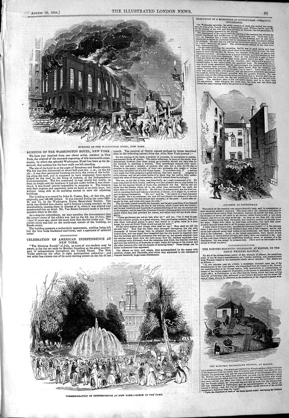 Original Old Antique Print 1844 Washington Hotel Nottingham Electric Telegraph