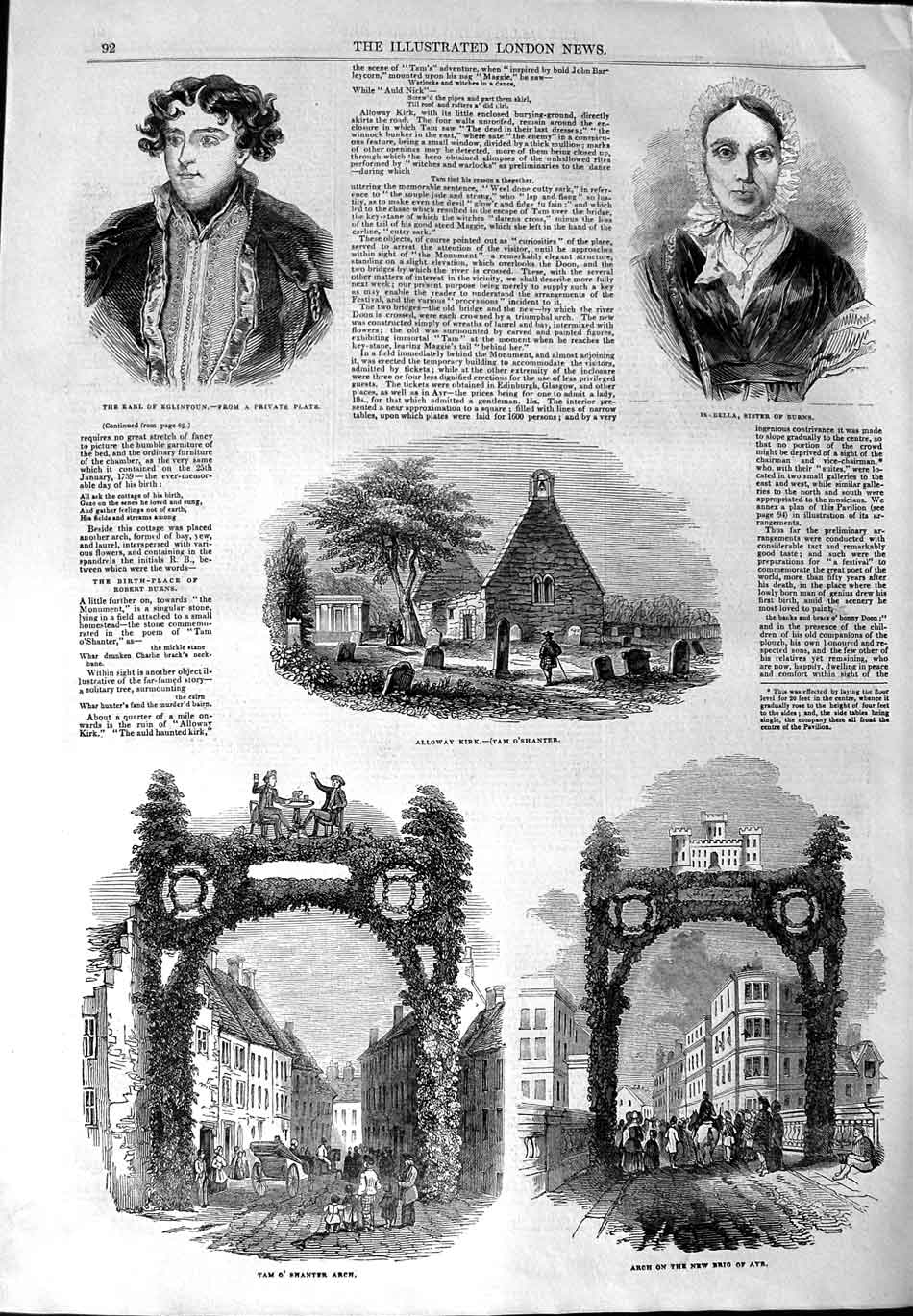 Original Old Antique Print 1844 Alloway Kirk Earl Eglintoun Tam O'Shanter Ayr
